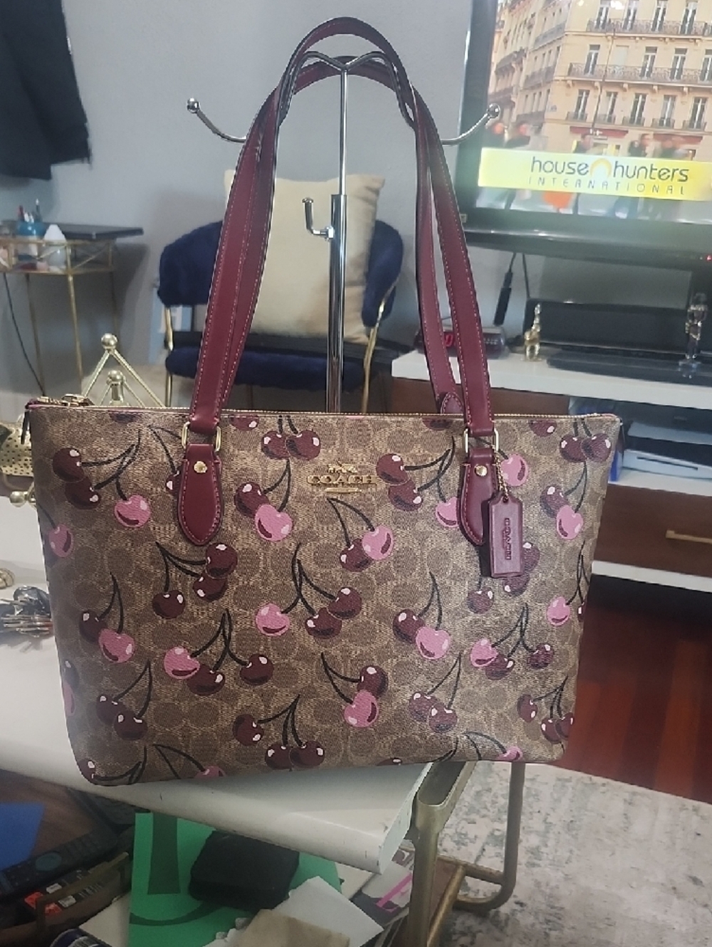 Coach Cherry-Print Signature Tote — Brown with Pink Accents NWOT - Picture 7 of 13